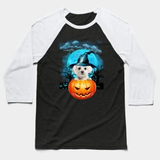 White Maltese Witch Hat Pumpkin And Blue Moon Halloween Baseball T-Shirt